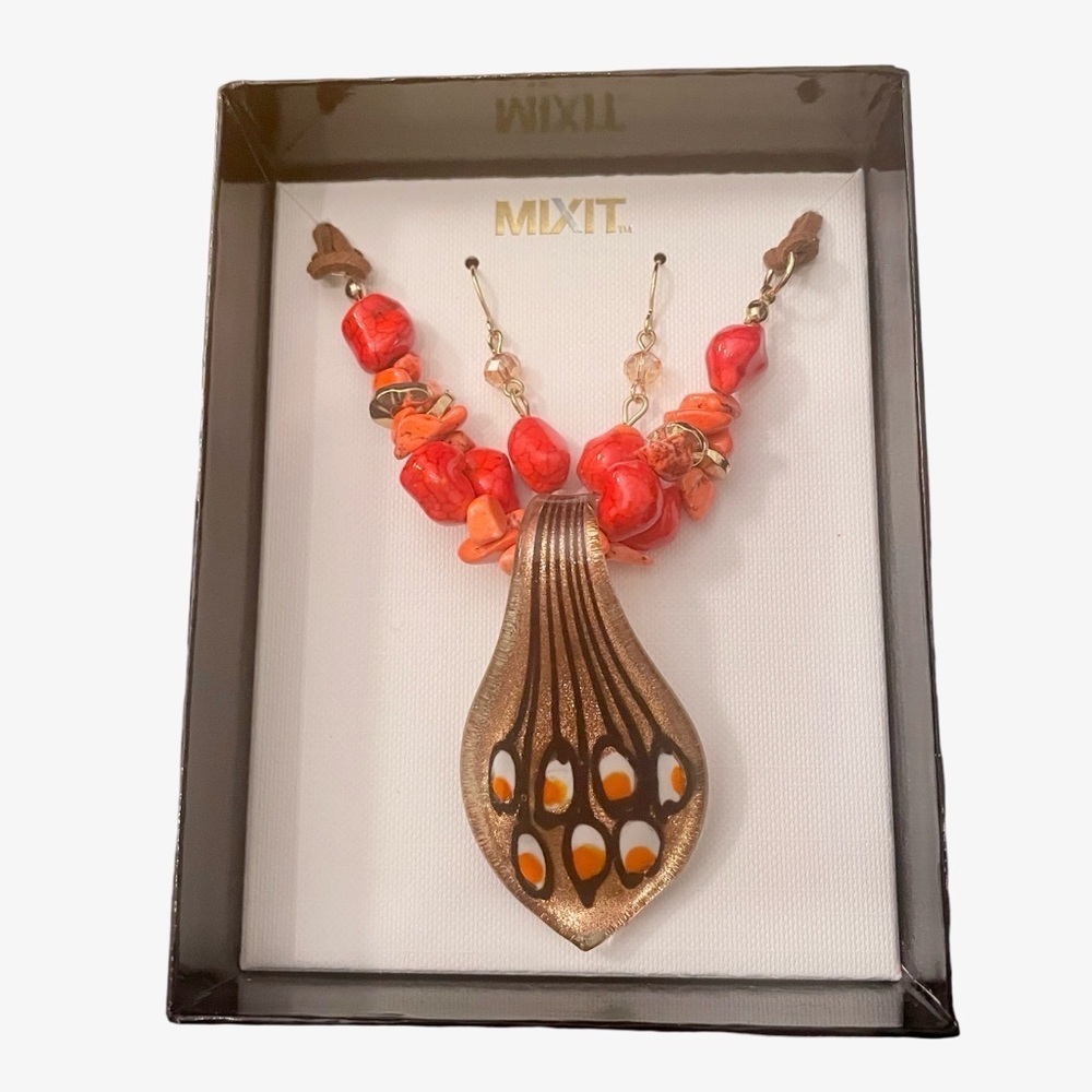 NWT Mix It Red Orange & Gold Pendant Brown Rope Necklace & Red Earrings Set